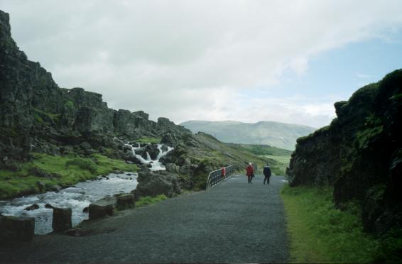A waterfall by the path at ingvellir