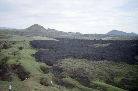 Newer lava fields meeting the older fields from previous eruptions