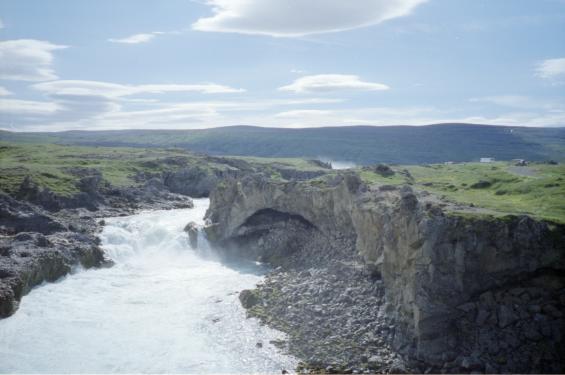 A smaller waterfall downstream from Goðafoss as viewed from the bridge over the river