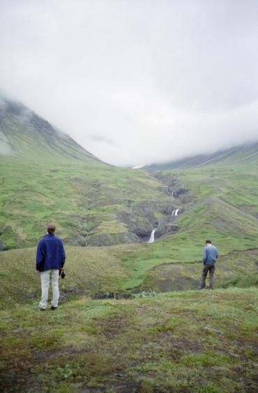 Dave and Gordon admiring the waterfall and the clouded mountainside
