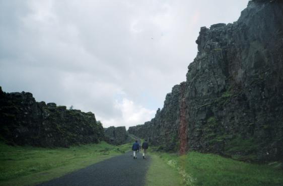 Dave and Gordon walking down the path at Þingvellir